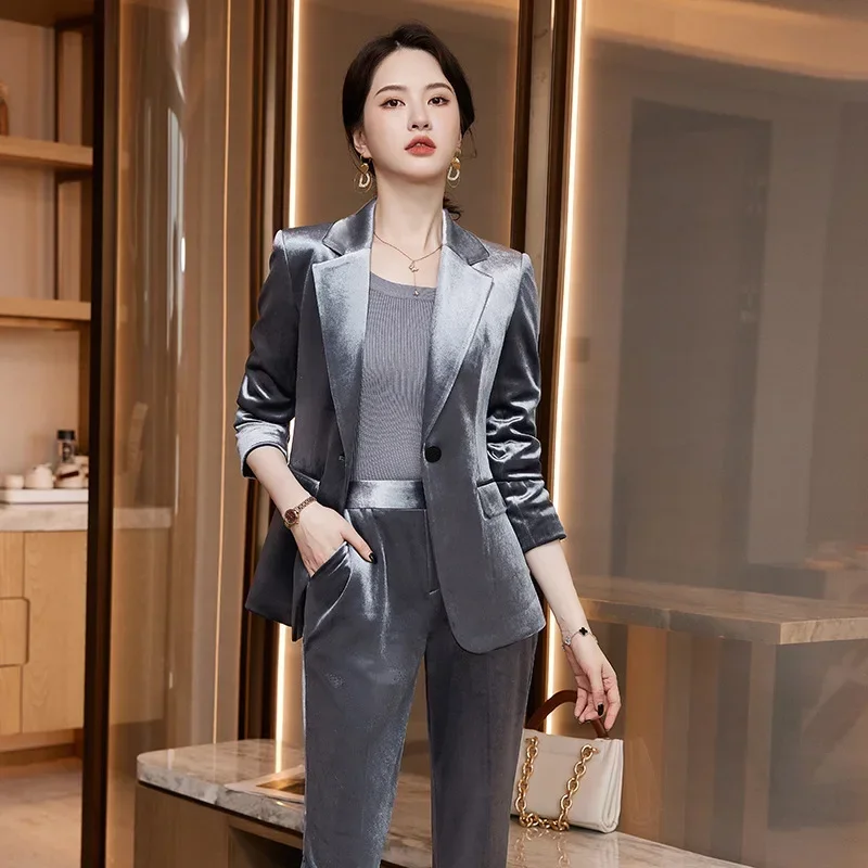 

Velvet Formal Women Blazer Jacket 2-piece Sets Quality Korean Female Autumn Winter Shiny Thick Warm Work Wear Fashion Pant Suits