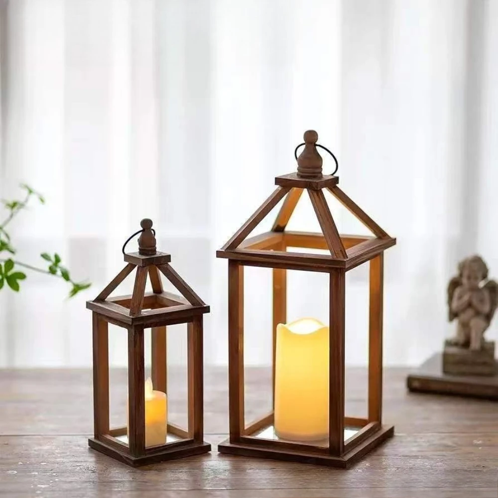 Retro Wooden Lantern Candle Holder Rustic Wood Frame Candlestick Wedding Party Living Room Patio Tabletop Home Decoration