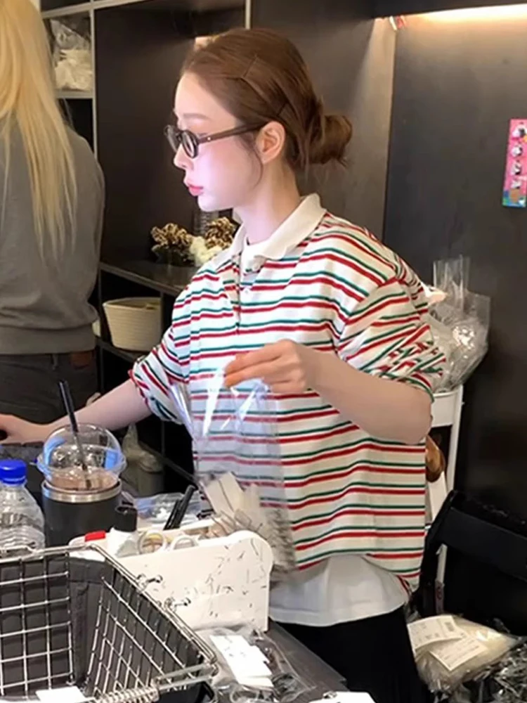 Chic Autumn New Sle Loose Fit Long Sve  Ne Striped Base Layer Top for Women Commute Sle Korean Version