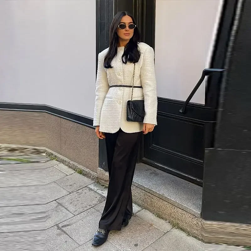 Elegante blazer de tweed para mujer, abrigo ajustado con cuello redondo y hombreras, chaqueta gruesa para mujer, ropa de oficina de primavera 2025