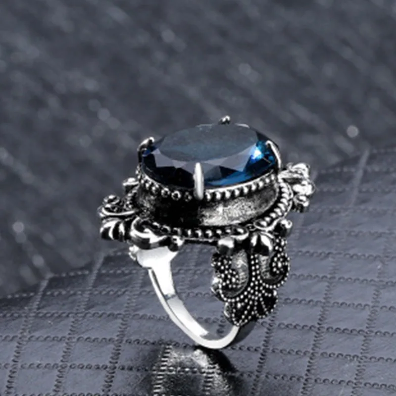 Classic Sea Blue Crystal Ring For Women European and American Vintage Thai Silver Color Oval Hand Jewelry Accessories finger ring silver ring jewelry accessories