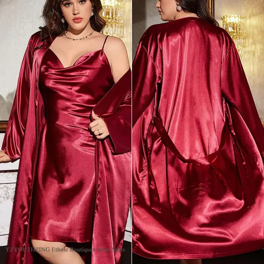 Women Sleepwear Silk Robe Sleepwear Pajamas Plus Size 3XL 4XL 5XL Women's Nighty & Robe Set Chemise Nightgown Spring Summer Silk Satin Bathrobe Home Clothing Loose Sleepwear