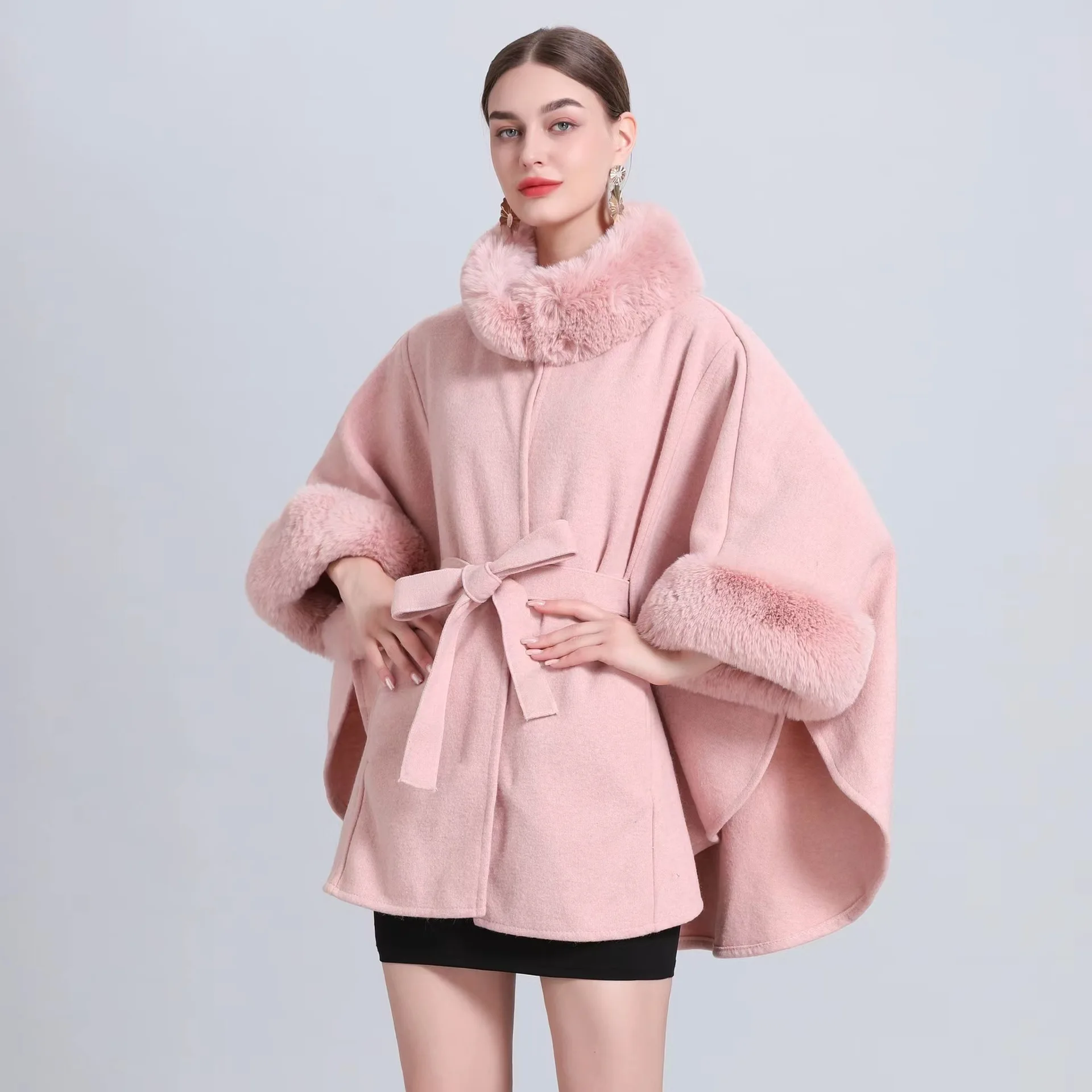 Women Autumn Winter Loose Poncho Coat Faux Fur Woolen Thick Warm Streetwear Cloak Black Grey Batwing Sleeves Belt Outer Wear