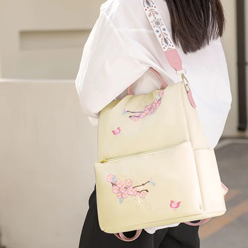 Aesthetic Cherry Blossom Embroidered Backpack for Women Anti-theft Nylon Travel Bag Convertible Shoulder Purse 5