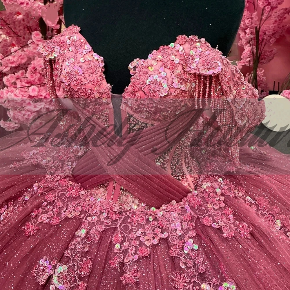 Elegant Pink Quinceanera Dress Ball Gown Beads Applique Corset Pageant Sweet 15 Party Tiered Ruffle Prom Party Dress