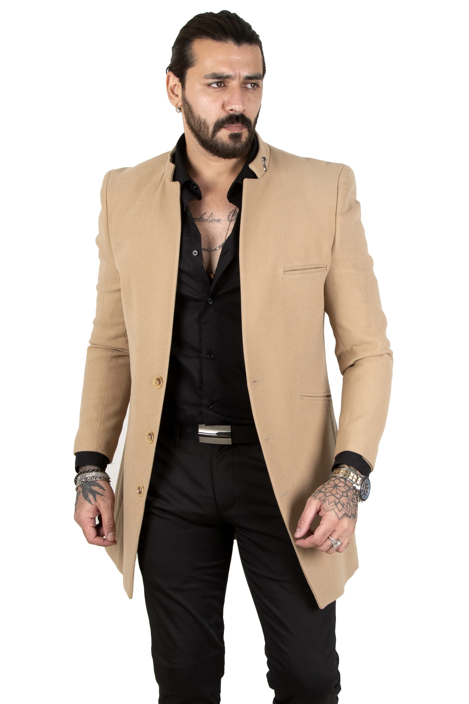 DeepSEA Three Pockets Crew Neck Sheer Collar Italian Cut Male Stamp Coat 2302189