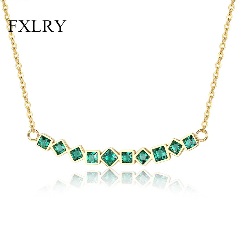 

FXLRY High Quality Simulated Green Gemstone Stainless Steel Necklace For Women Shinning Cubic Zircon Sweater Jeelry