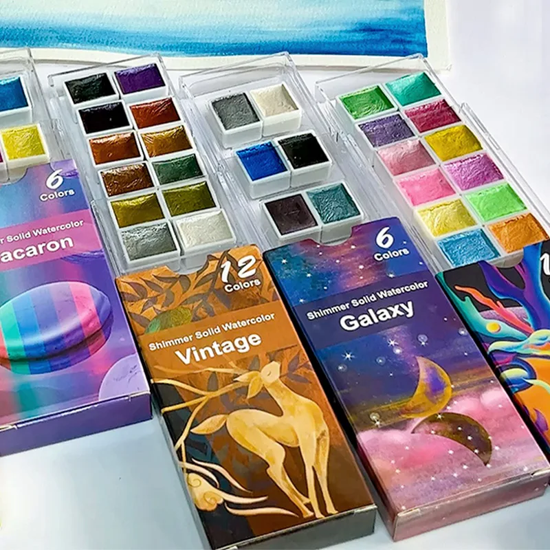 6/12 Colors Solid Watercolor Paint Set ,Metallic Macaron Shimmer Solid Pigment Professional Paint Drawing Art Supplies For Kids