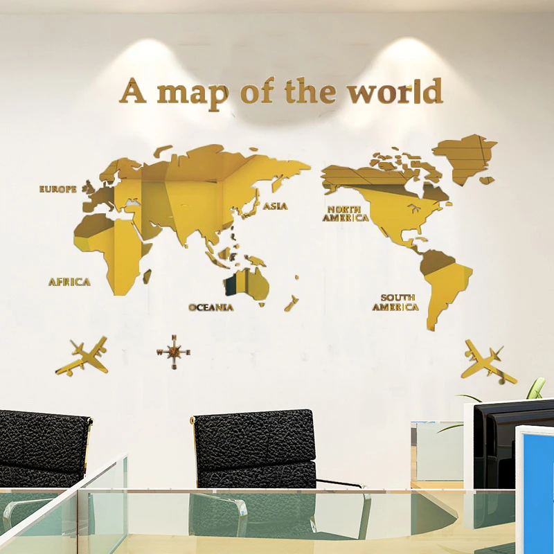 Wall Stickers World Map 3D Acrylic Three-dimensional Mirror Bedroom Office Background Decoration