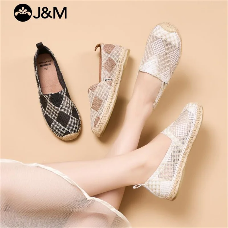 

J&M Fisherman Shoes Women Luxury 2024 Spring Summer Lace Mesh Breathable Loafers Lady Girl Slip-on Casual Shoes White Sneakers