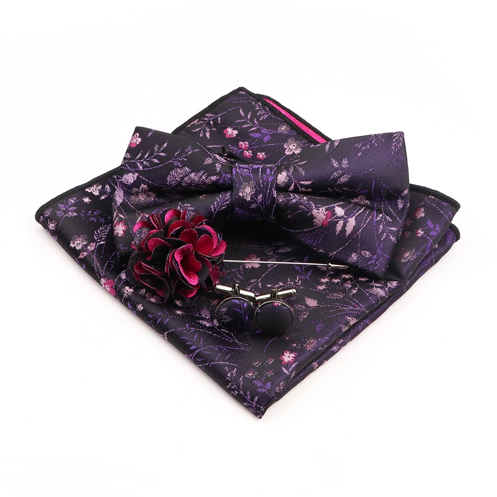 

Gracefully Polyester Handkerchief Set Purple Blue Floral Butterfly Bowtie Cufflink Brooch For Party Suit Dress Accessories Gift