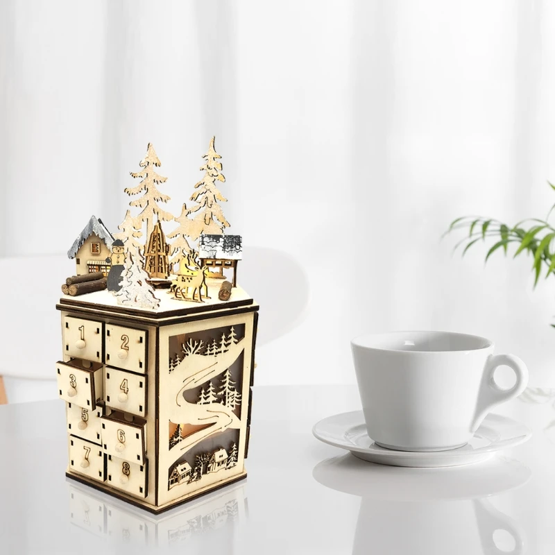 Christmas Wooden Advent Calendar Countdown Decoration 24 Drawers with LED Light Rotating Music Ornament Party Decor