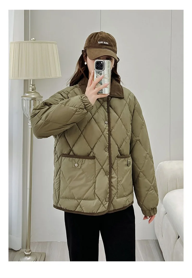 Autumn Winter Overcoat PU Leather Cotton-padded Jacket Women's Rhombic Lattice Short Coats Female Warm Outerwear No-wash Parkas