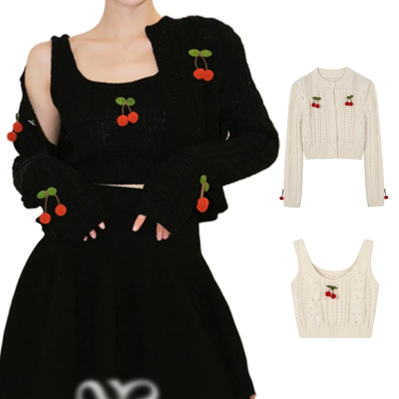 Women Spring Cherry 2 Piece Twist Knit Sweater Set Cardigan with for Tank T