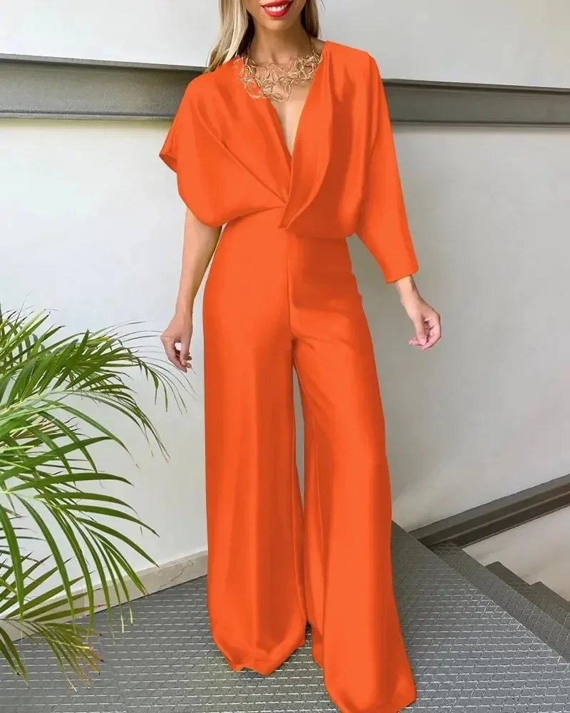 2024 New Women's Solid Color Jumpsuit Spring Summer Adult Female V-neck Sexy Short Sleeves High Waist One-piece Suits OFE12