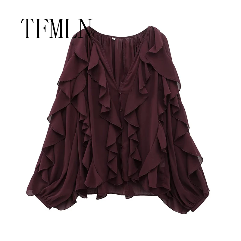 TFMLN Women Fashion Spring Summer Ruffle Blouses Shirts Female Single Breasted Tierred Causal Tops Beach Style Shirt