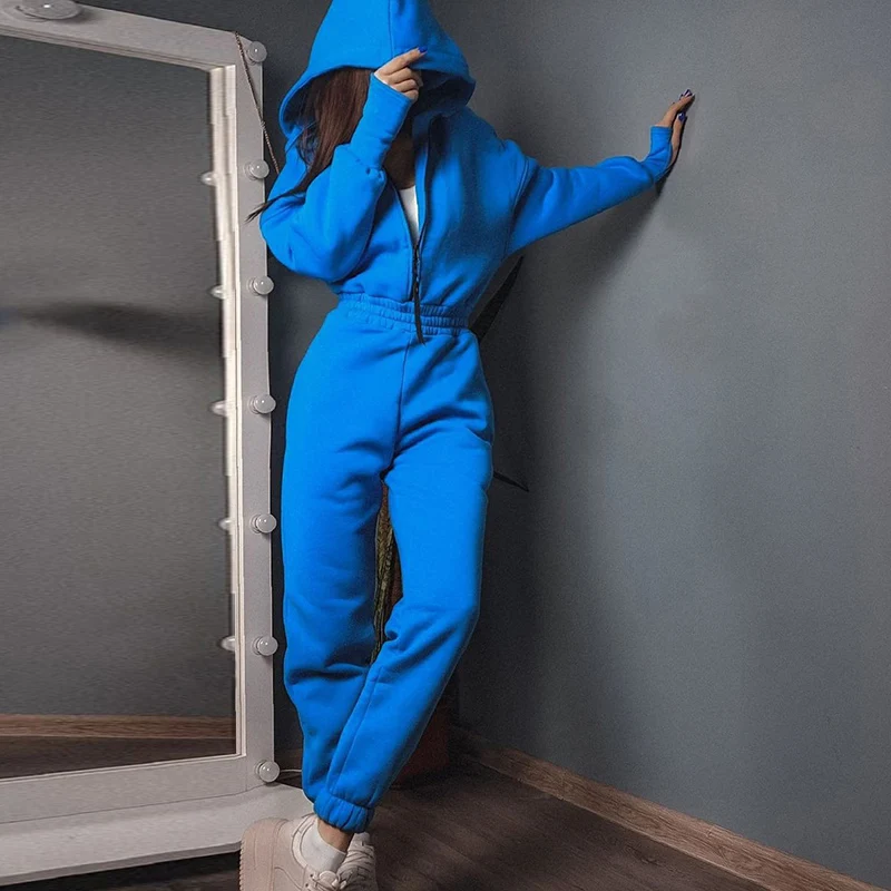 Winter Hoodie Jumpsuit Elegant Women Outfits High Waist Long Sweatshirt Sweatpant Zipper Up Tracksuit Female Fall Clothing