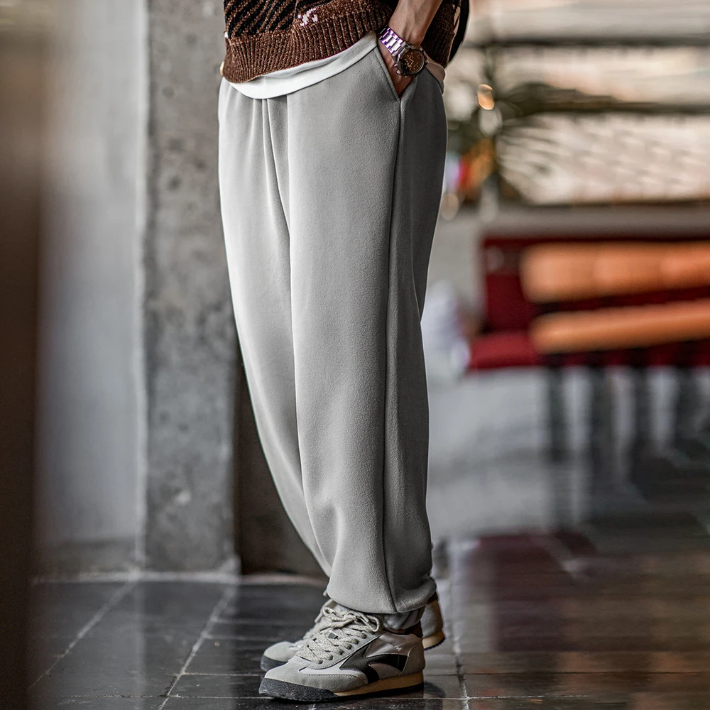Maden Men's Casual Polar Fleece Cuffed Sweatpants Solid Color Elastic Waist Fleece-lined Pants Warm Sports Straight-leg Trousers 5