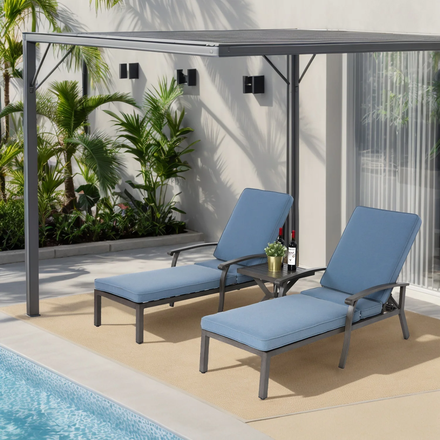 Lounge Patio Chair with Cushion, Adjustable Reclining Rust-Resistant Aluminum Poolside Chaise Lounge Furniture, Waterproof(1pc)