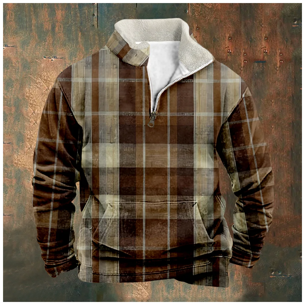

Vintage Spring Fall Hooded Shirt Fleece Stand Collar Retro Zip Up Sweatshirts Men/women Striped Plaid Streetwear Pullovers Tops