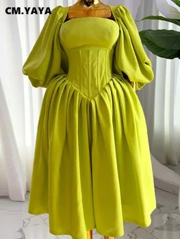 CM.YAYA Women Long Lantern Sleeve Square Collar Big Swing Long Maxi Dress 2024 Fall Birthday Sexy Party Evening Dresses Vestidos 1