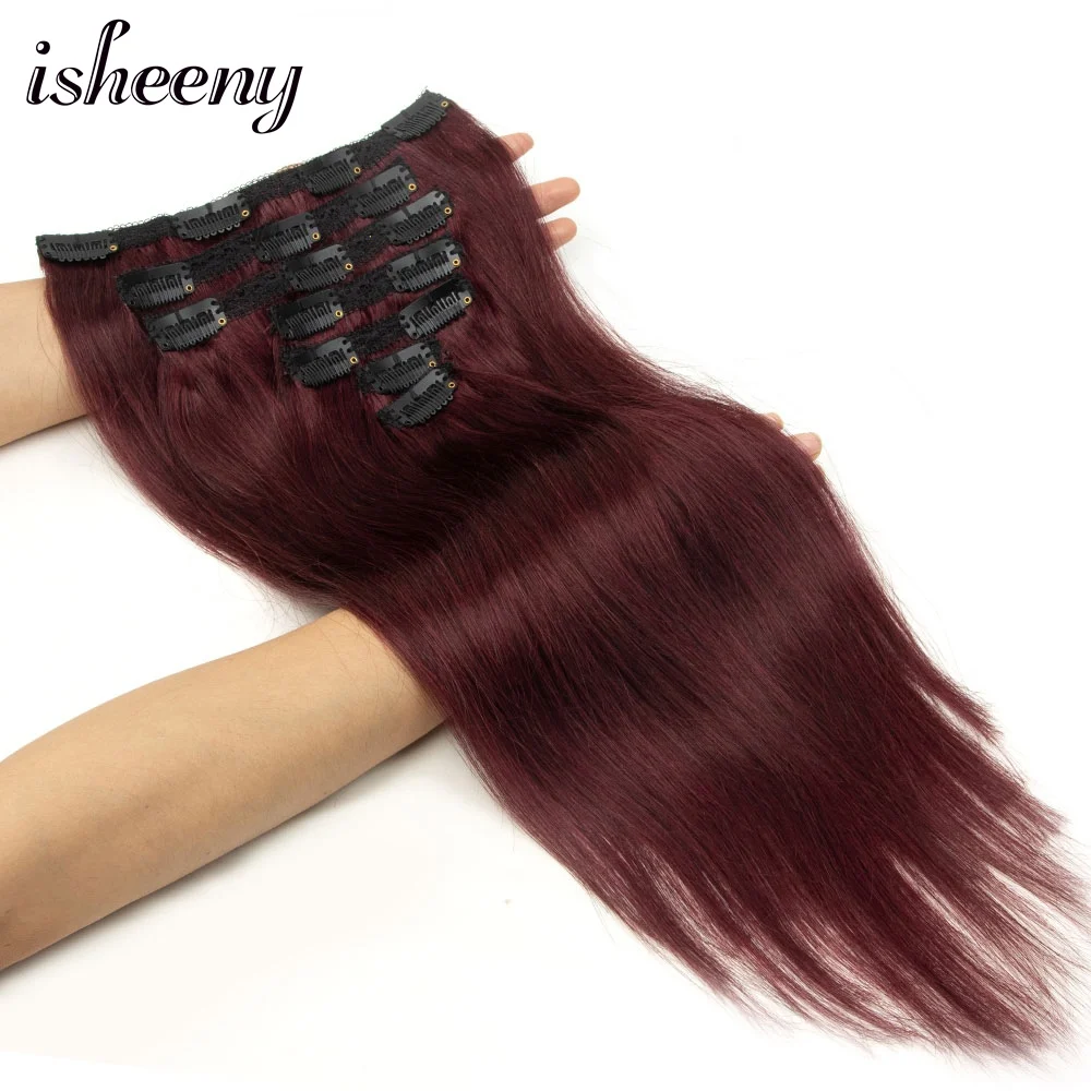 Human Hair Extensions Burgundy Wine Red Clip In 12-24 Inch 7pcs/set 50g-120g