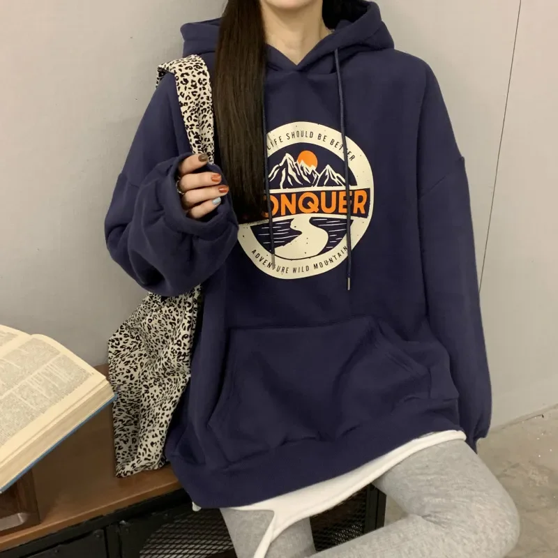 Hoodies Sweatshirts Woman Street Aesthetic Korea Vintage Clothes Thick Print Hoodie Sweatshirts Blue Body Pull Kawaii Clothing