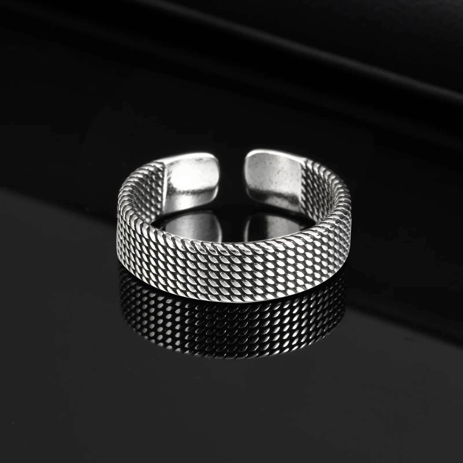 Prjewel 5,7 mm gewebter, strukturierter offener Ring für Männer und Jungen, verstellbar, einfaches Metall-Fingerband, Vintage-Männerschmuck, Vatertagsgeschenk – Detail 7