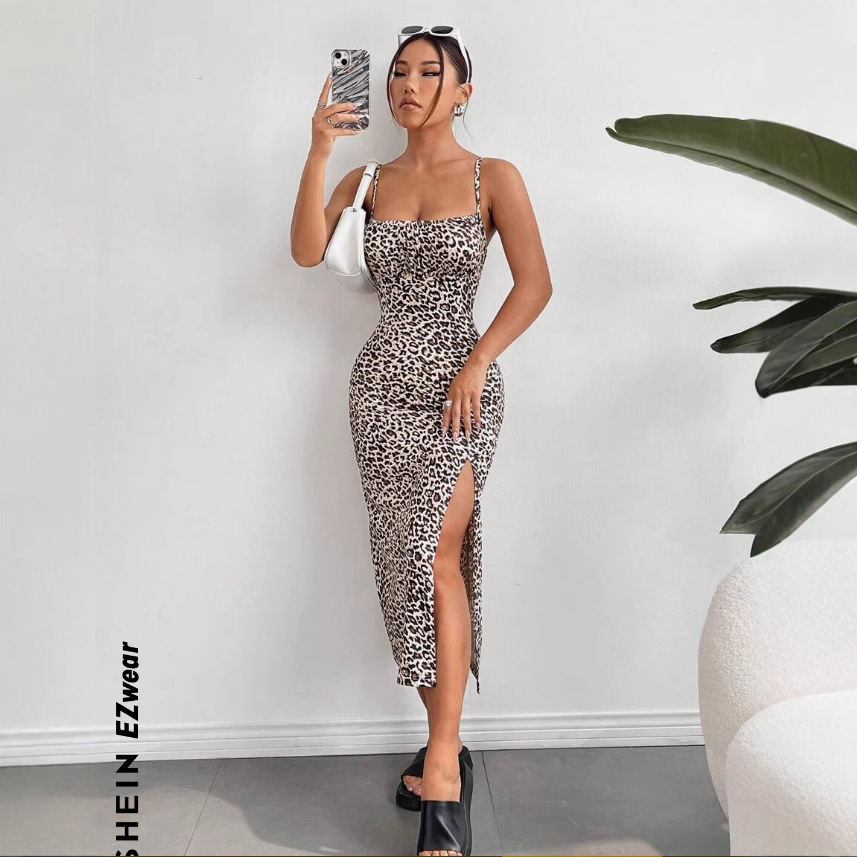 2025 Fashion Leopard Print Slips Backless Bodycon Maxi Dress Summer Women Casual Clothes Beach Party Vacation Club