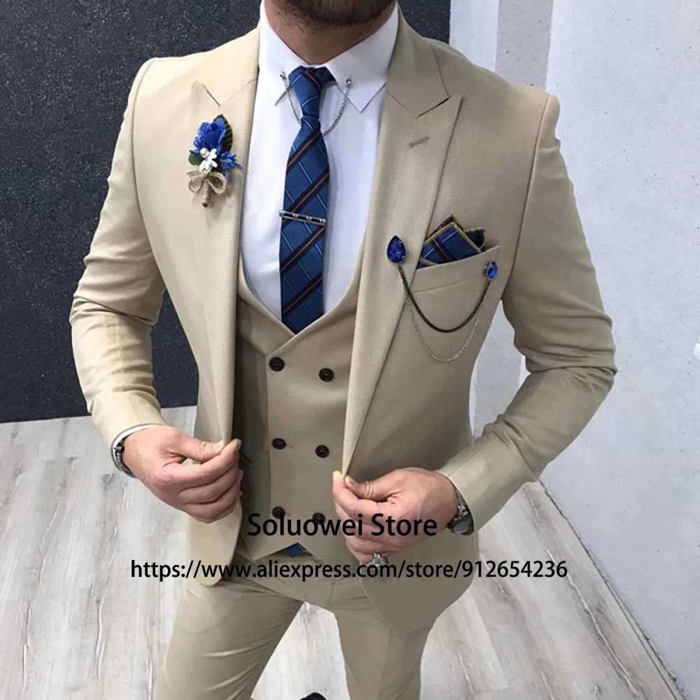 Classic Champagne Slim Fit Suits For Mens 3 Piece Jacket Vest Pants Set
