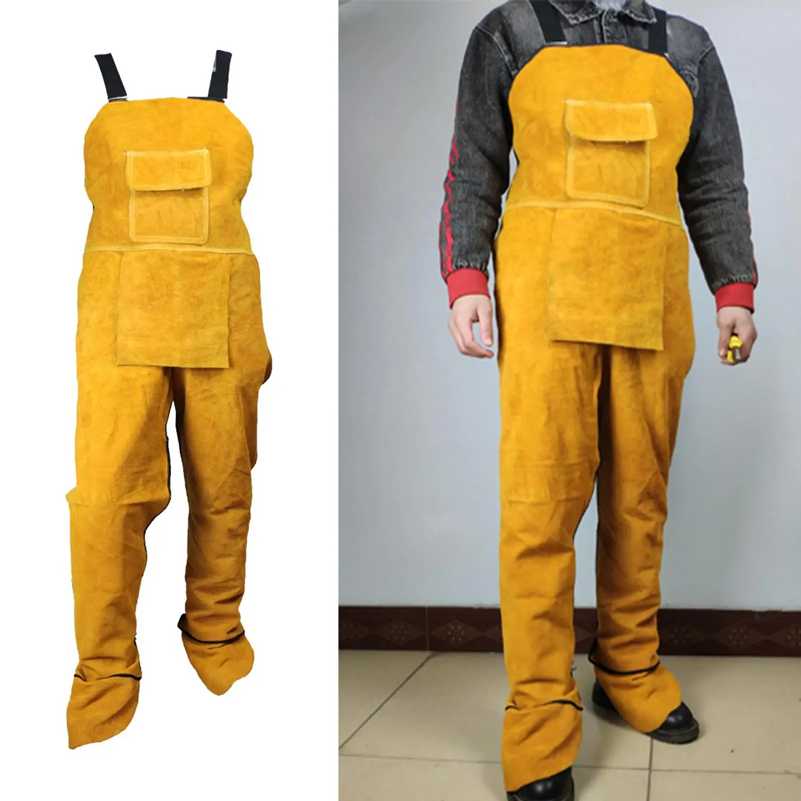 Heavy Duty Welding Clothing Cowhide Leather Welding Apron Split Leg Heat Resistant Bib Apron with Pockets Tool for Men Women 2