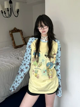 HOUZHOU Y2k White Anime Graphic Juminocore Women T-Shirts Harajuku Yellow Long Sleeve Japanese Style Tees Slim Sweet Aesthetic 1
