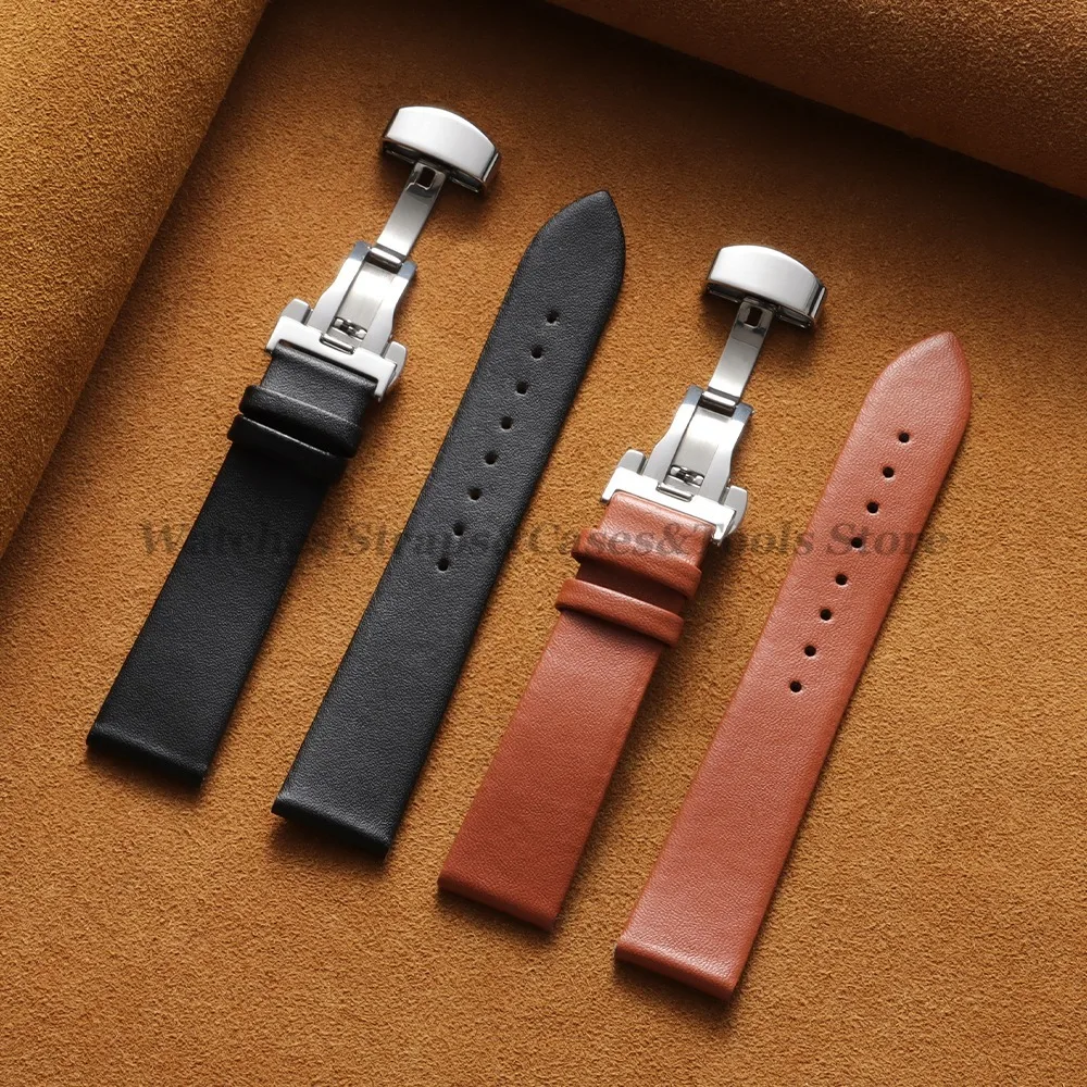 Luxurious Soft Calfskin Leather Watch Strap with Butterfly Buckle - Universal Fit