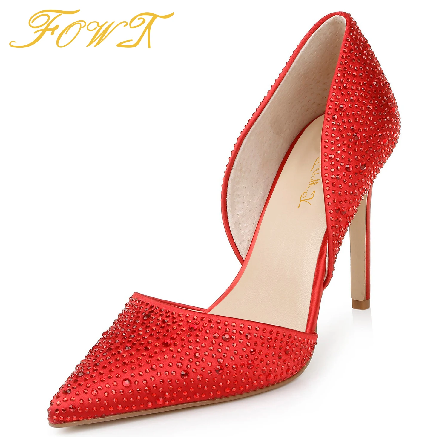 

Red High Thin Heels Crystal Woman D'orsay Pumps Stilettos Pointed Toe Summer Large Size 40 41 Ladies Party Dress Sexy Shoes FOWT