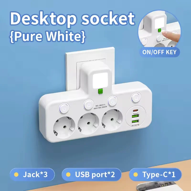 ตัวเลือกสินค้า ปลั๊กพ่วง EU 4 ช่อง 2 USB 1 Type-C สวิตช์แยก ไฟกลางคืน