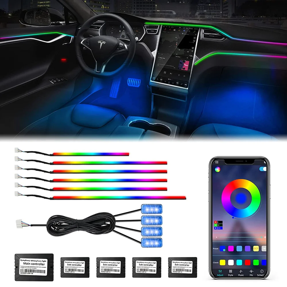 18in1 Neon Car Interior Ambient Lights App Diy Control Acrylic Strip