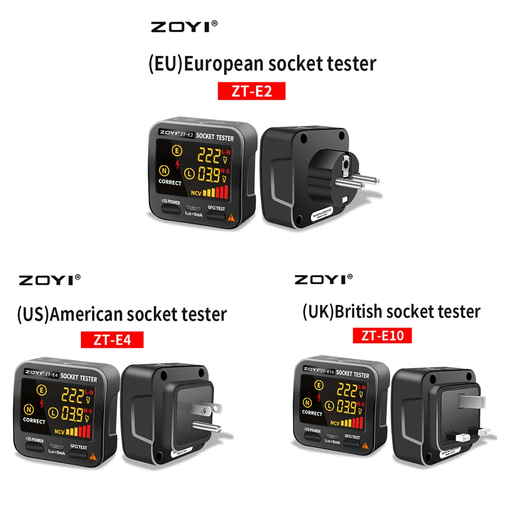 ZOYI Digital Socket Tester Smart Voltage Detector RCD GFCI NCV Test Large display Outlet checker EU US UK Plug Ground Zero Line 4