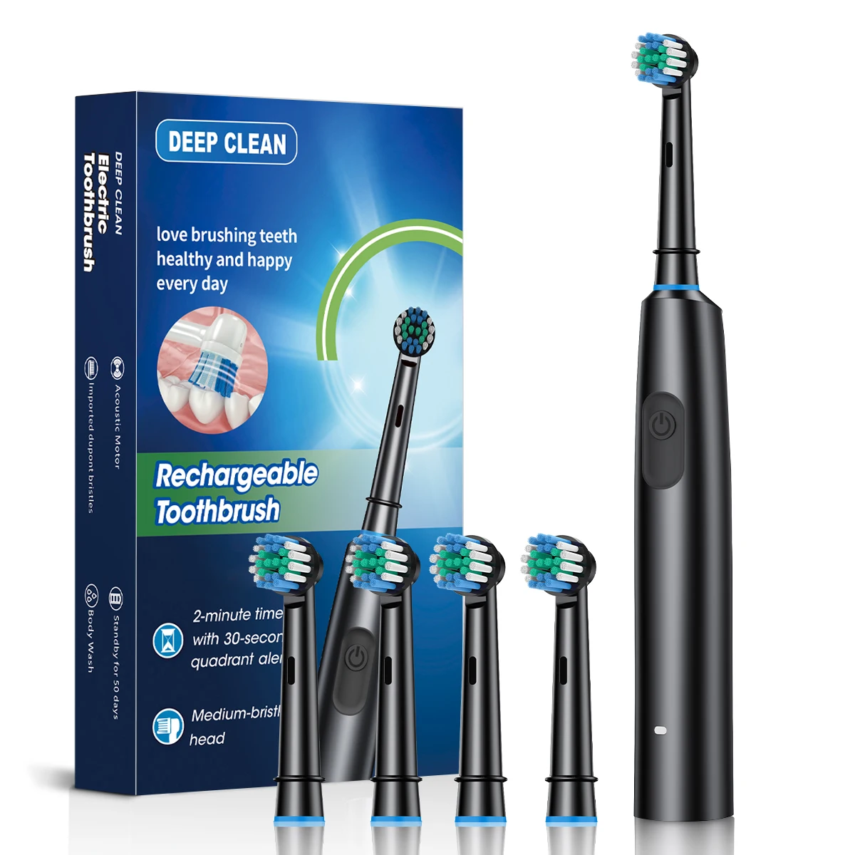 Electric Toothbrush 2002 Rotating Adult Timer 6 Mode USB Charger Rechargeable Replacement Heads Set