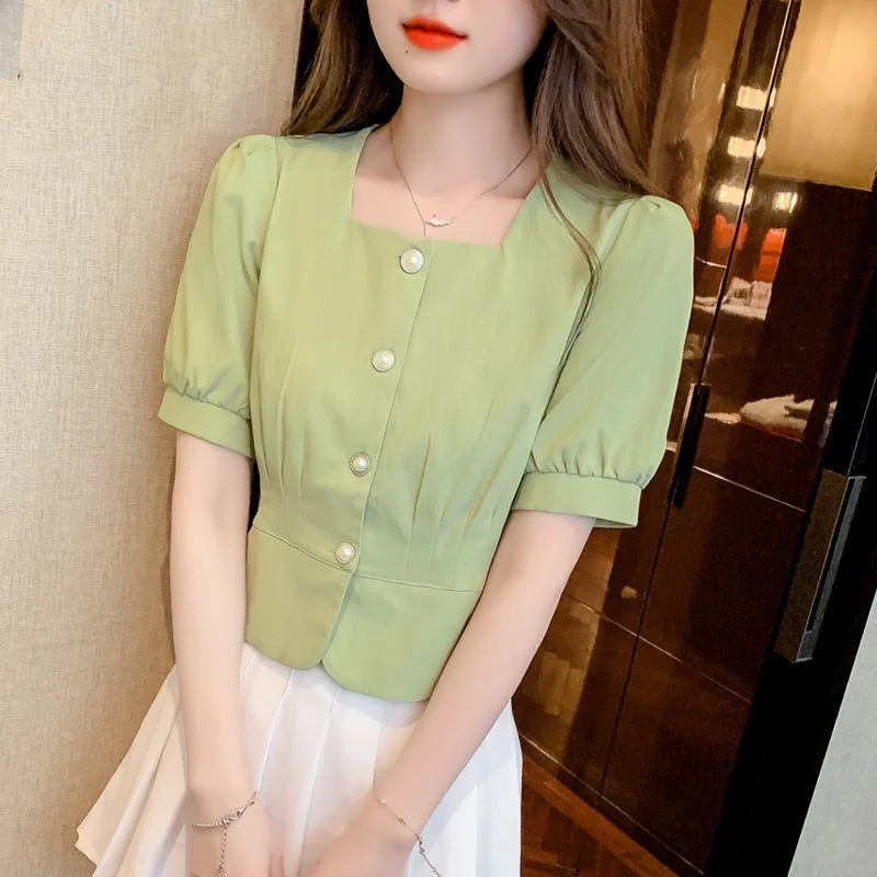 2024 Summer New Women's Blouse Square Collar Button Folds Short Sleeve Fashion Minimalist Sweet Slim Solid Color Shirt Tops