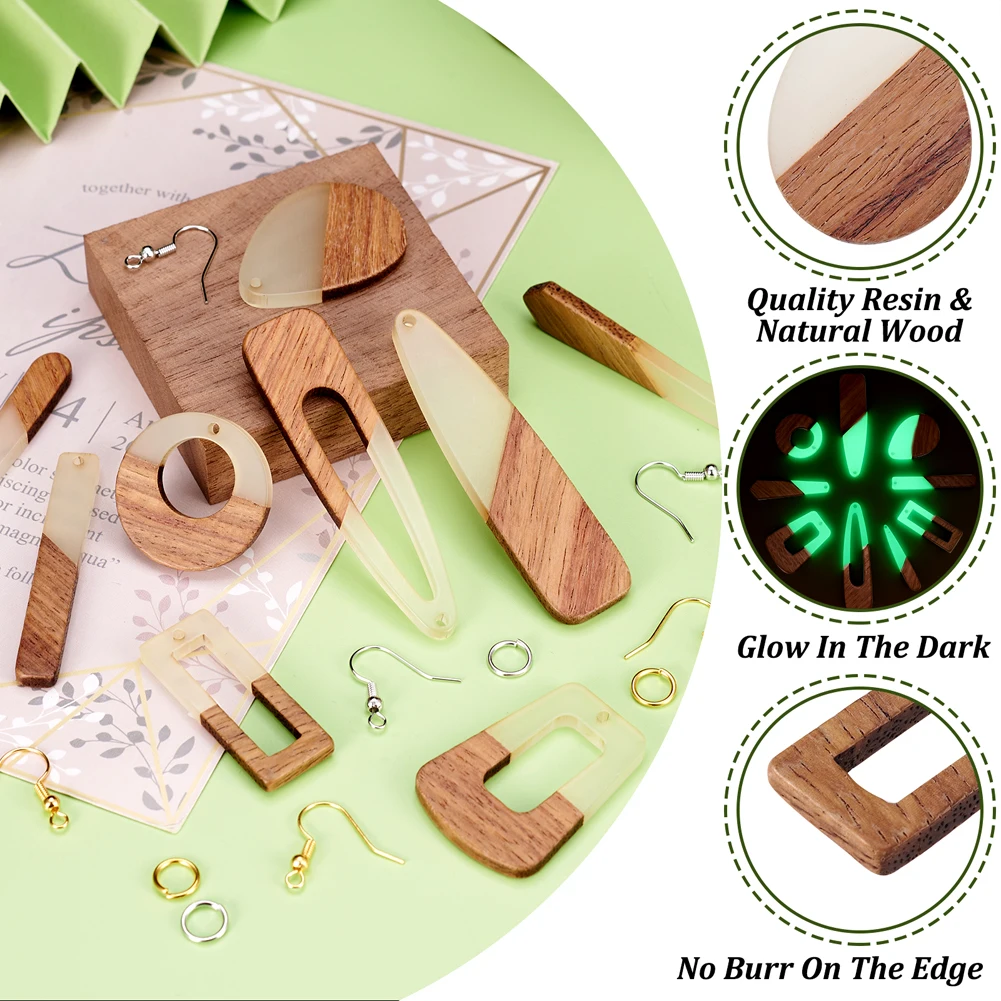 1 Box Luminous Geometry Wood Resin Earring Making DIY Kit Rectangle Teardrop Charm Hooks Jump Rings Dangle Earrings Findings