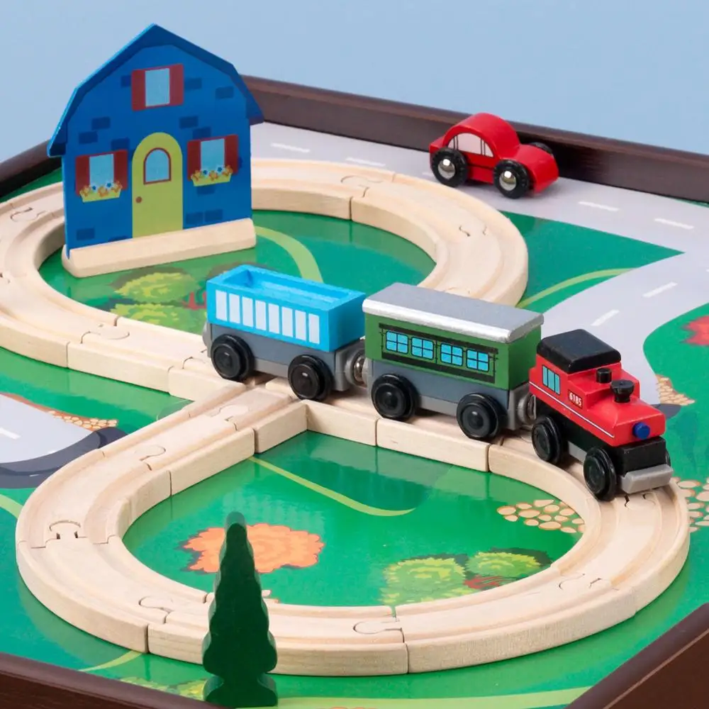Reversible Wooden Play Table with Train Set and Building Bricks Storage Childrens Activity Table Ages 3 3