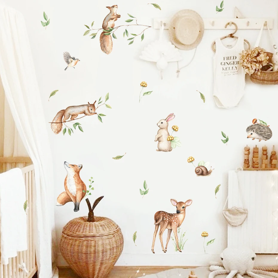Boho Cartoon Deer Rabbit Woodland Animals Leaf Watercolor Nursery Wall Decals Kids Room Girls Bedroom Sticker Home Decor wall stickers vinyl decal stickers