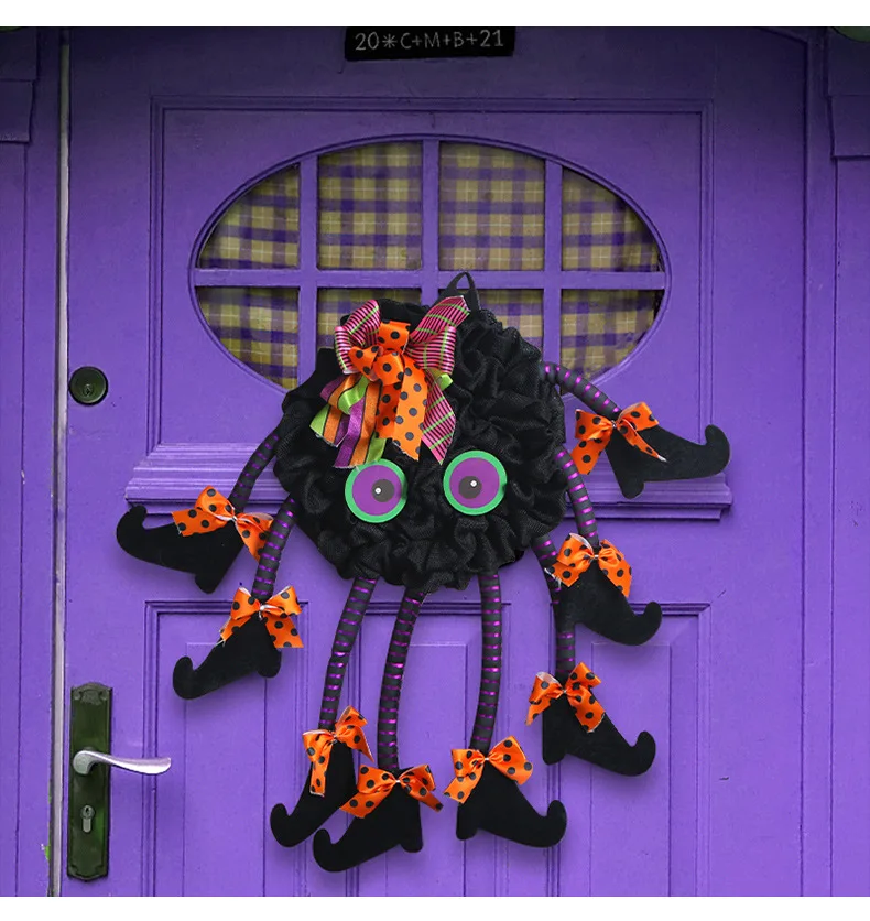 

Halloween Artificial Spider Wreath For Front Door Theme Party Garland With Bowknot Halloween Decorations For Home Party Props