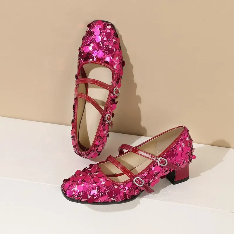 Women's Bling Mary Janes Shoes Sparkly Sequin Sweet Lolita Pumps Strap Buckle Chunky Heels Girls Dance Evening Party Footwear