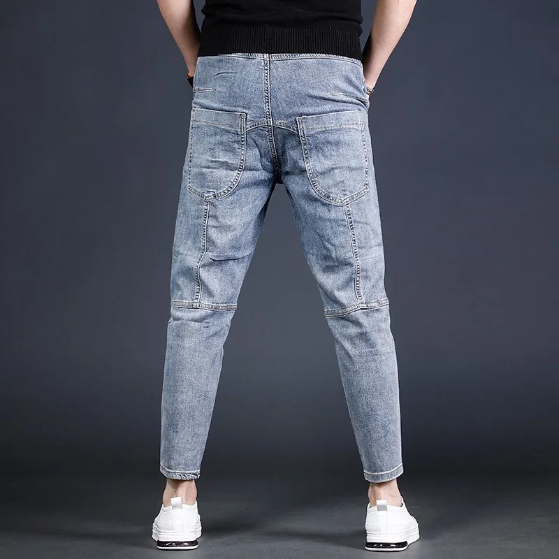 Cargo Jeans Men Summer Slim Fit Ankle-Length Pants Streetwear Fashion Casual Blue Patchwork Denim Trousers