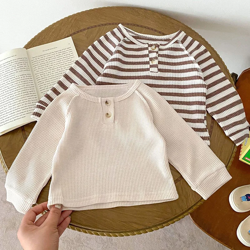 

2024 New Spring Newborn Baby Boys Girls T-shirt Long Sleeved Waffle Cotton Infant Baby Girls Pullover Tops Children Clothes