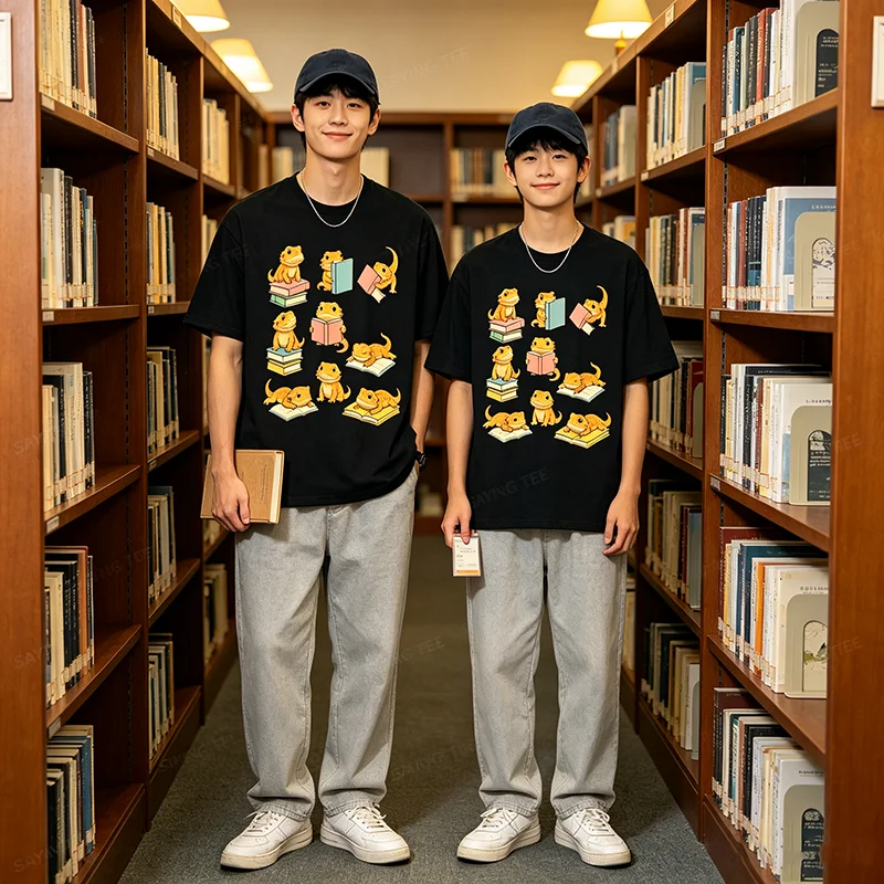 Lustiges T-Shirt mit bärtigen Drachen, die Bücher lesen, Y2k Back To School Reader Graphic Apparel, T-Shirts für den ersten Schultag, für Schüler und Lehrer
