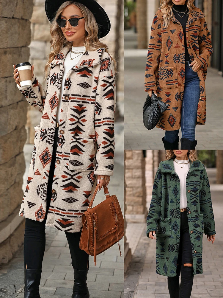 

2024 autumn and winter new ethnic style printed single breasted plush long coat jacket for women