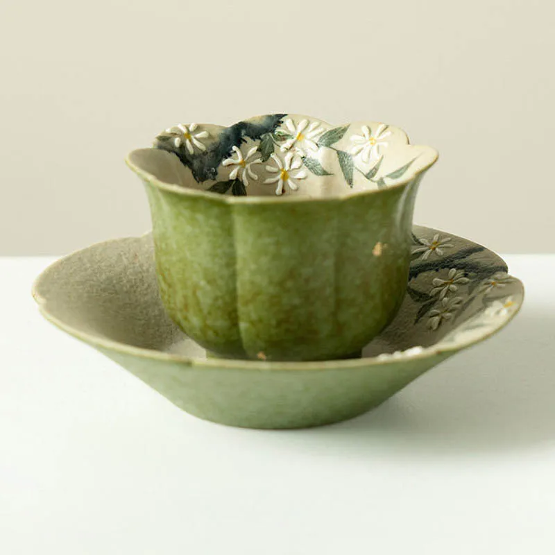 중국 미니멀리스트 스타일 고온 소성 도자기 수공예 드로잉 컵과 받침 세트 보온..