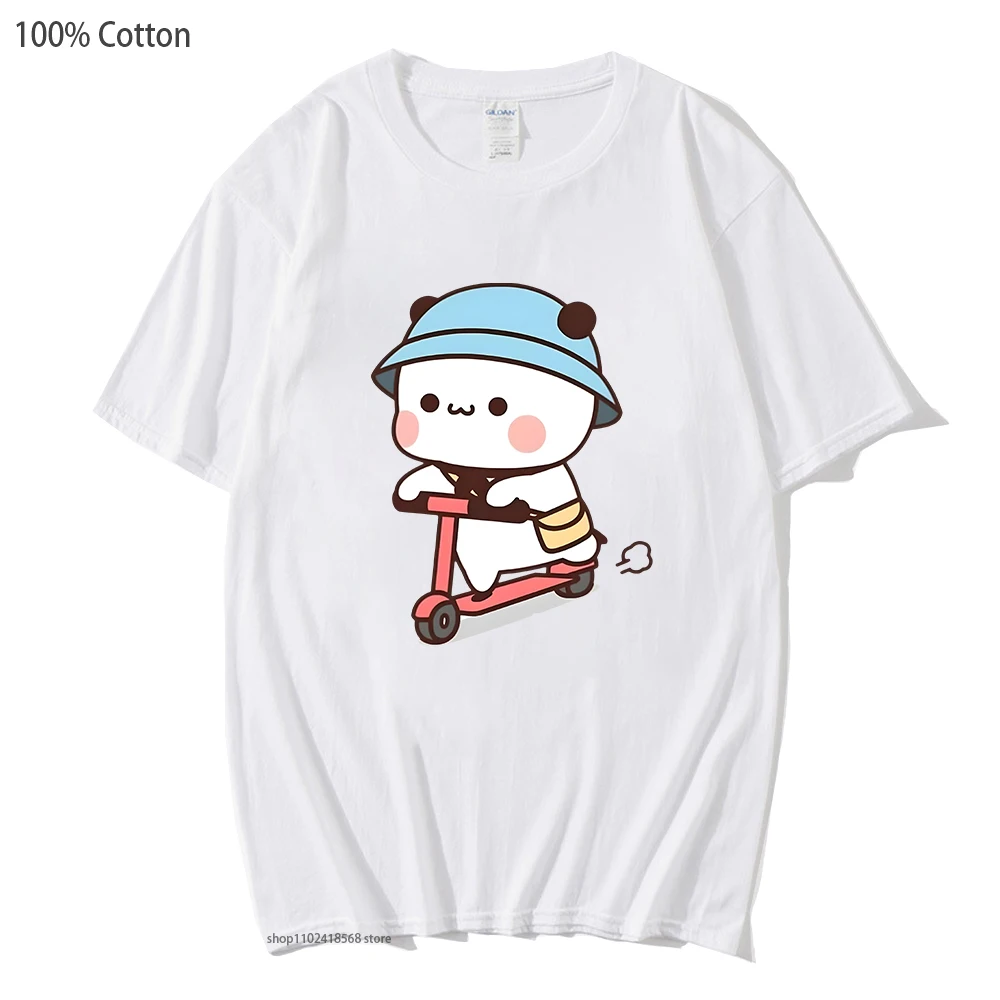 

Cartoon Bubu Dudu Shirt Mochi Brownie Bear Bike Riding T-Shirts Women Kawaii Y2k Clothes Men Cartoon Top Summer Tees 100% Cotton